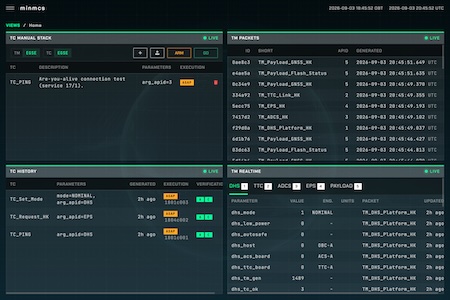 Screenshot of the minmcs mission control dashboard showing live telemetry parameters and a command uplink panel