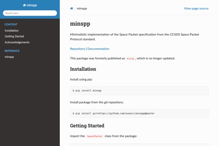 Screenshot of the minspp documentation site showing the sidebar navigation and the installation instructions